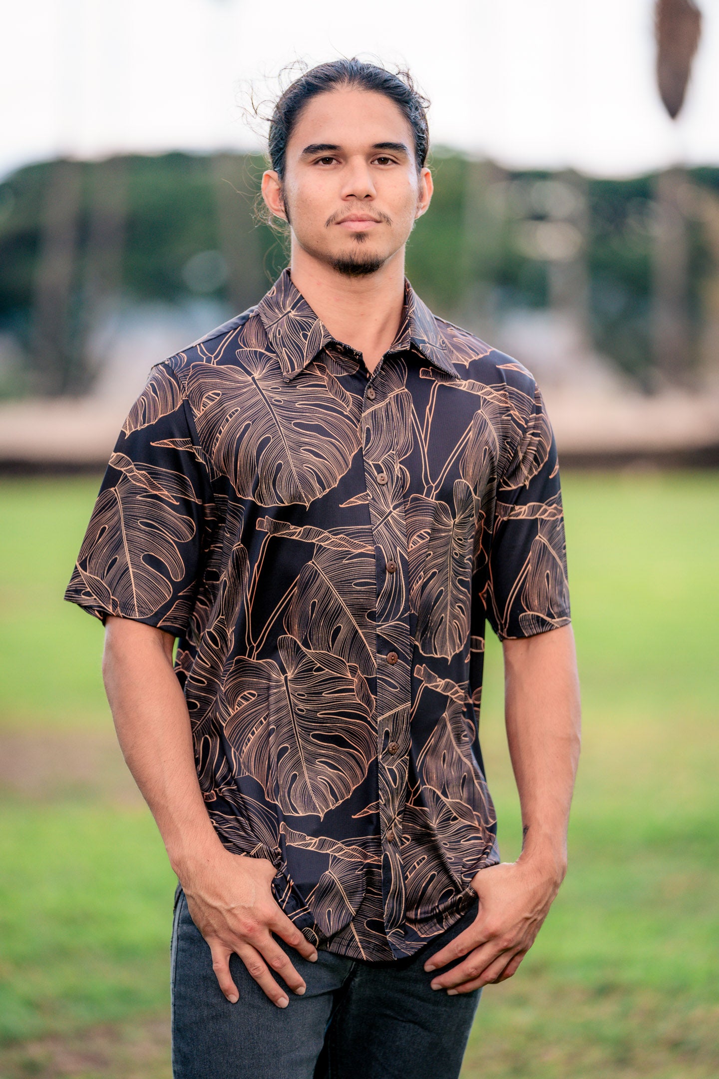Gold Monstera Aloha Shirt S