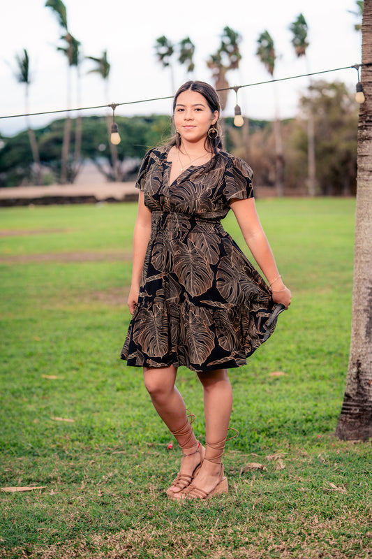 Gold Monstera Short Dress