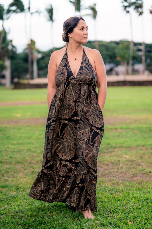 Gold Monstera Halter Dress