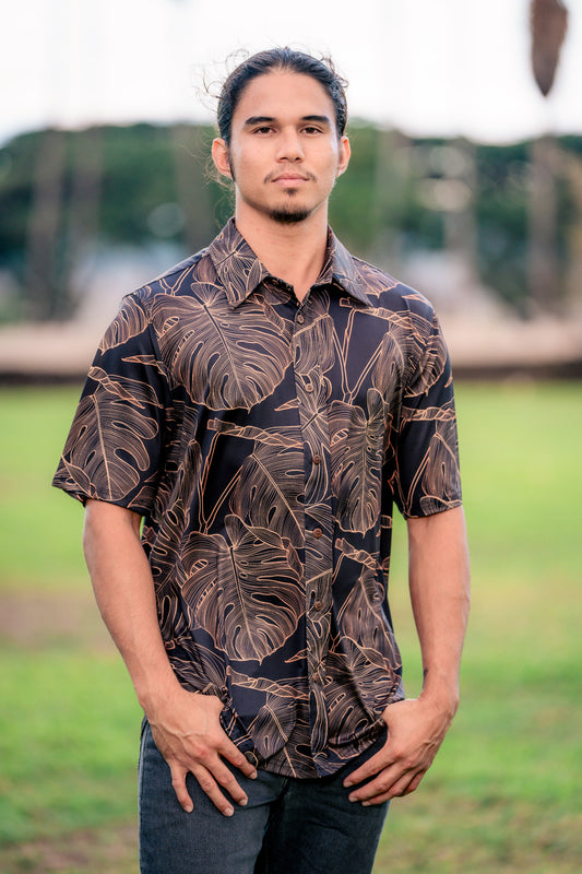 Gold Monstera Aloha Shirt