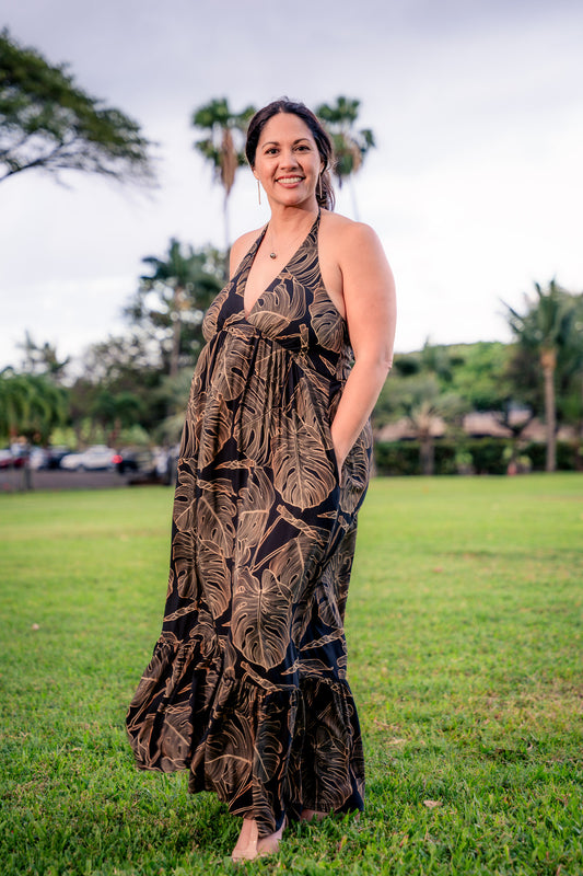 Gold Monstera Halter Dress