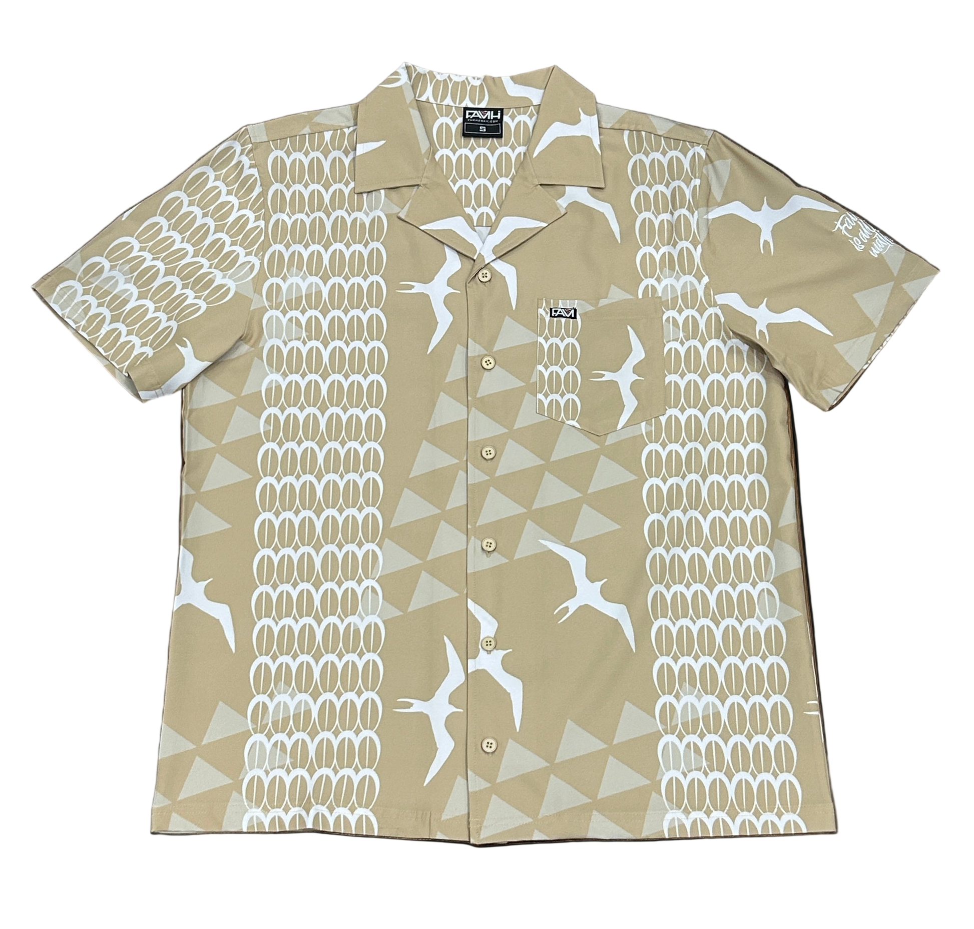 Beige Iwa bird Aloha shirt featuring Hawaiian print, classic Aloha Wear from Hawaii.