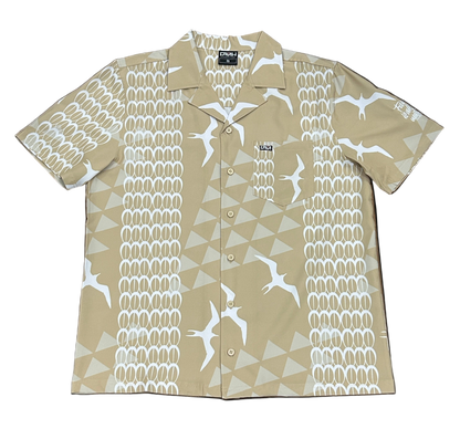 Beige Iwa bird Aloha shirt featuring Hawaiian print, classic Aloha Wear from Hawaii.