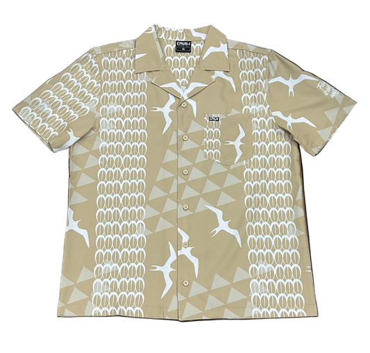 Beige Iwa bird Aloha shirt featuring Hawaiian print, classic Aloha Wear from Hawaii.