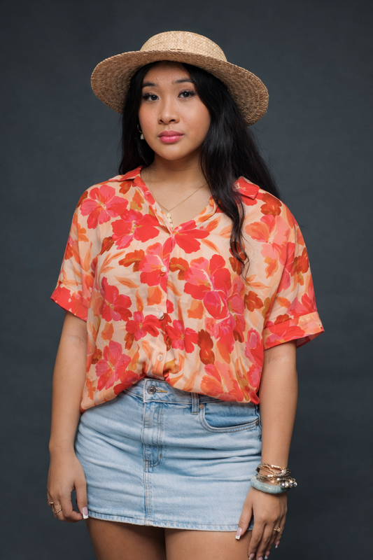Retro Peachy Hibiscus Oversized Blouse