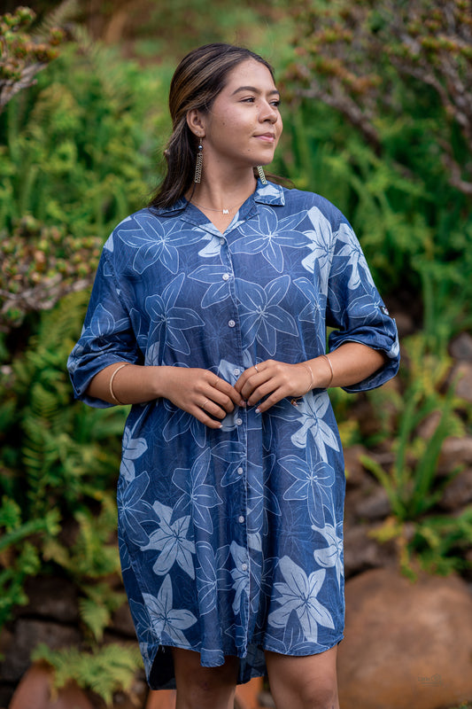 Chambray Lilies Long Sleeve Dress Shirt