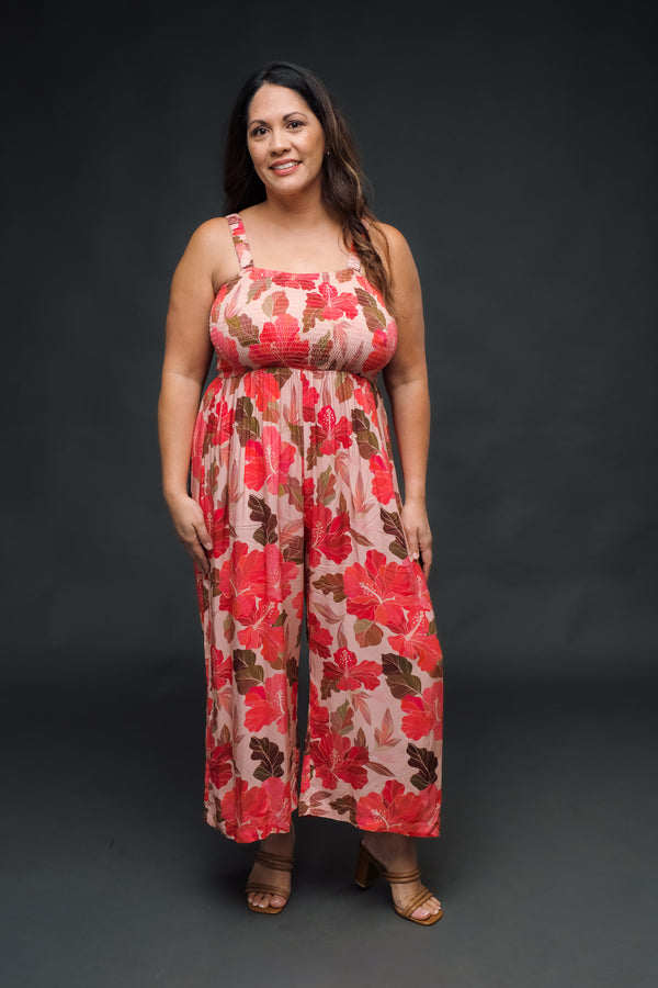 Retro Peachy Hibiscus Jumpsuit