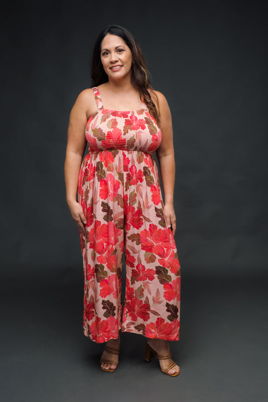 Retro Peachy Hibiscus Jumpsuit