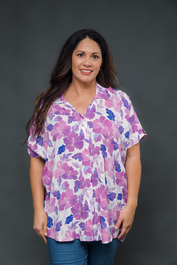 Retro Lavender Hibiscus Oversized Blouse