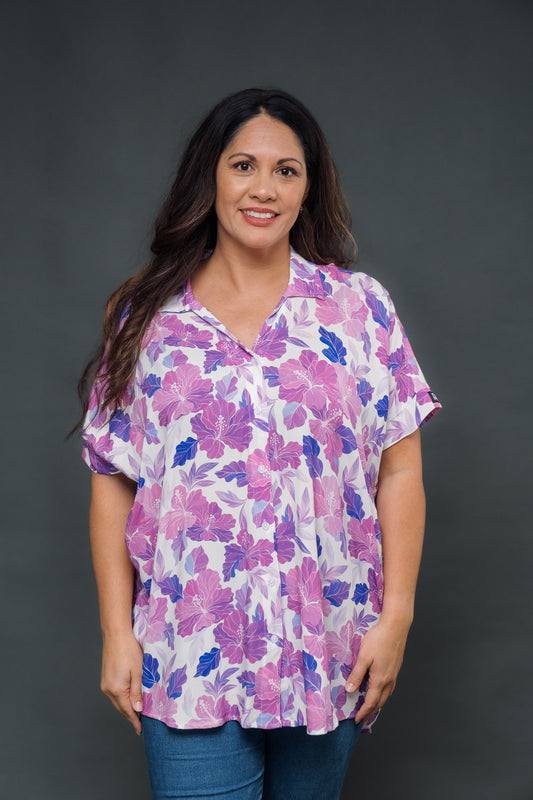 Retro Lavender Hibiscus Oversized Blouse
