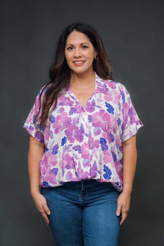 Retro Lavender Hibiscus Oversized Blouse