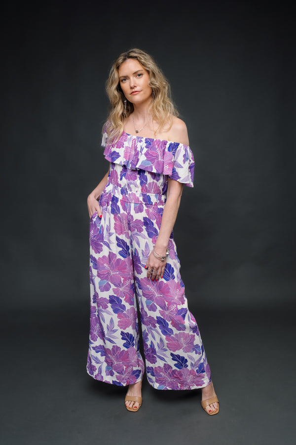 Retro Lavender Hibiscus Jumpsuit