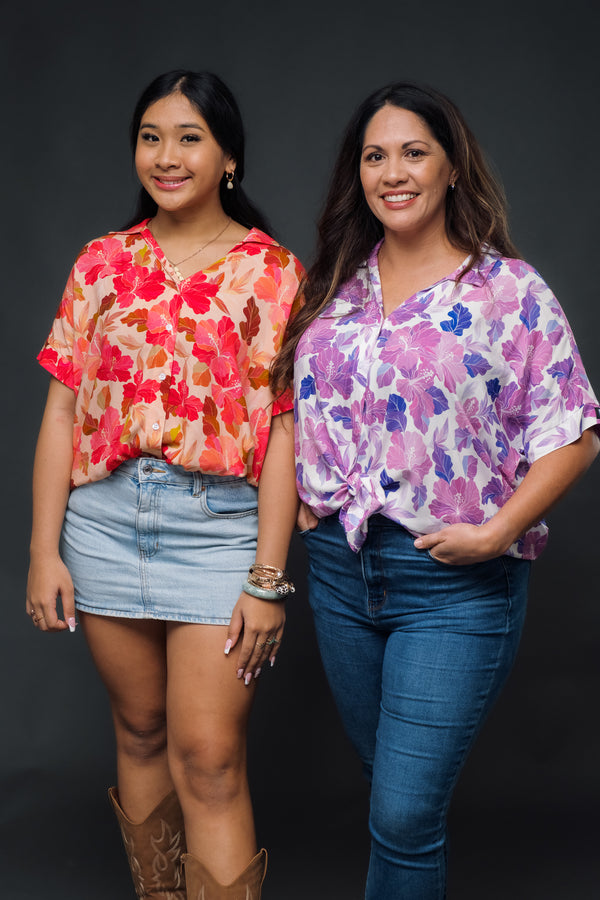 Retro Peachy Hibiscus Oversized Blouse