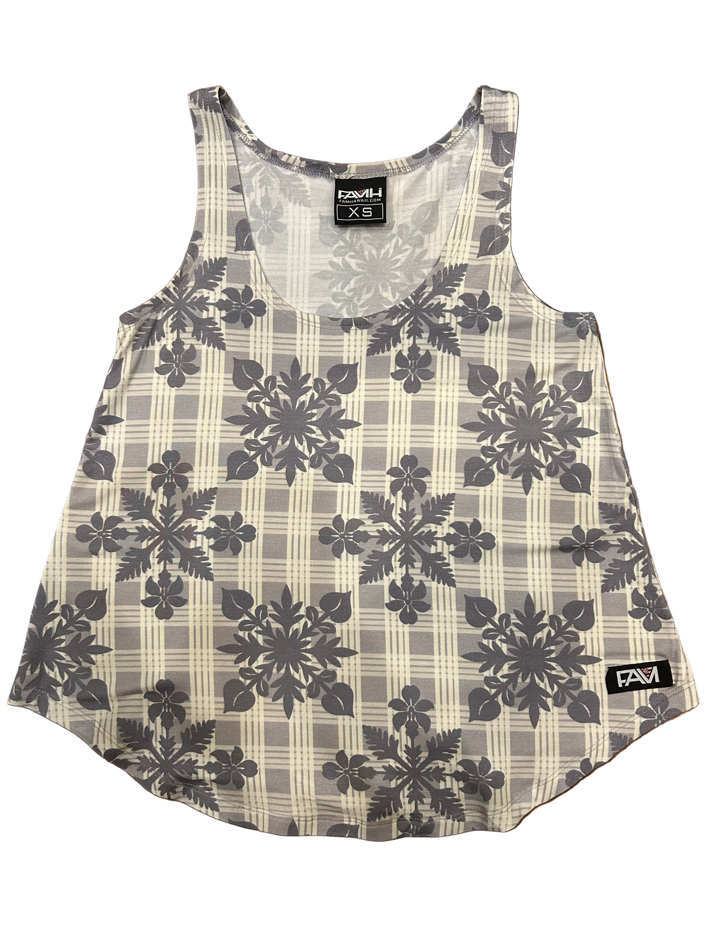 Gray palaka quilt tank top featuring Hawaiian print, stylish Aloha Wear