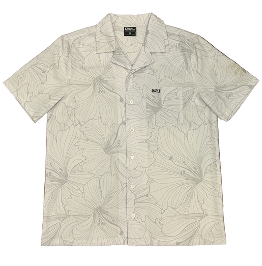 White Hibiscus Aloha shirt featuring white Hawaiian print, classic Aloha Wear style.